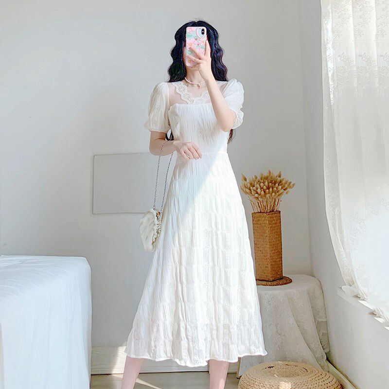 2024夏季新款女装收腰白色裙子轻熟风法式薄款雪纺长款气质连衣裙