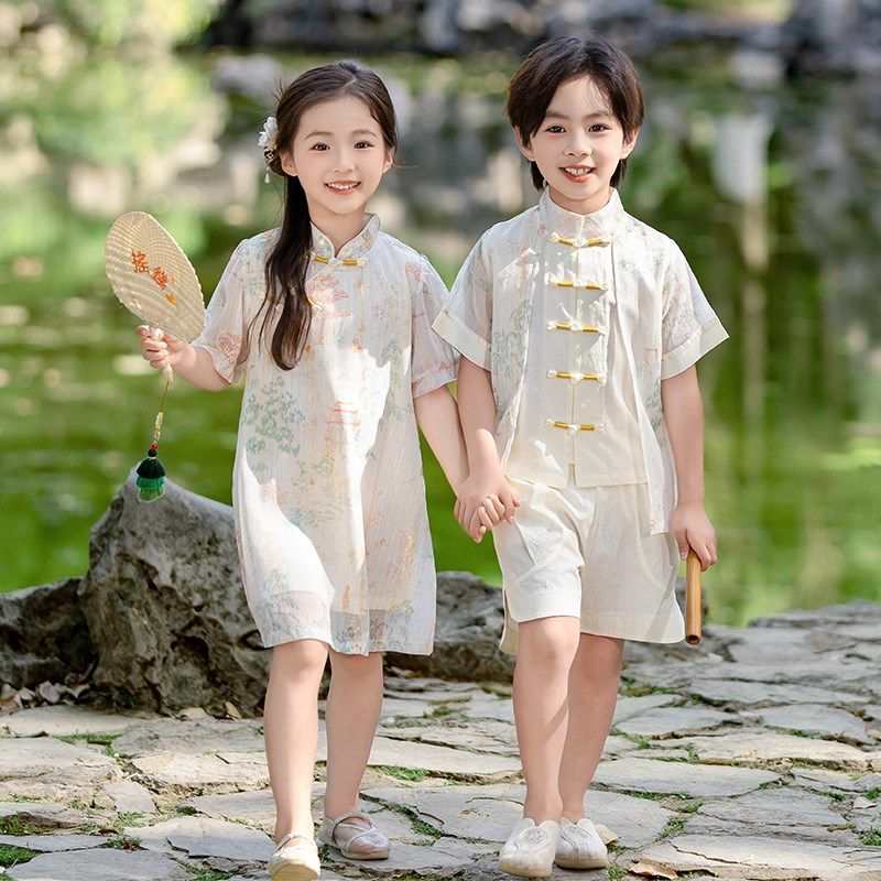 中国风汉服女童2025新款中式男童短袖套装夏季薄款儿童唐装表演服