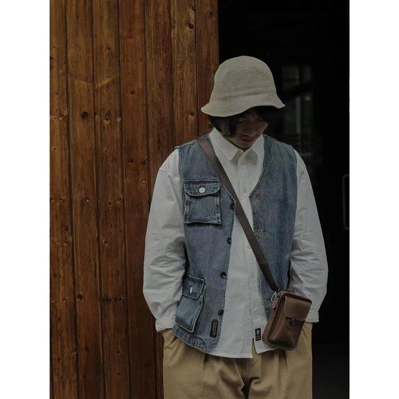 日式复古水洗牛仔马甲男V领 工装做旧多口袋工装无袖坎肩背心潮,男装,常规马甲,淘宝优惠券,粉丝福利购,淘宝优惠卷