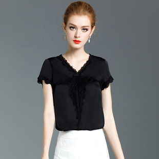 新款 v领蕾丝黑色衫 真丝上衣短袖 欧货洋气小衫 女 雪纺时尚 2020夏季