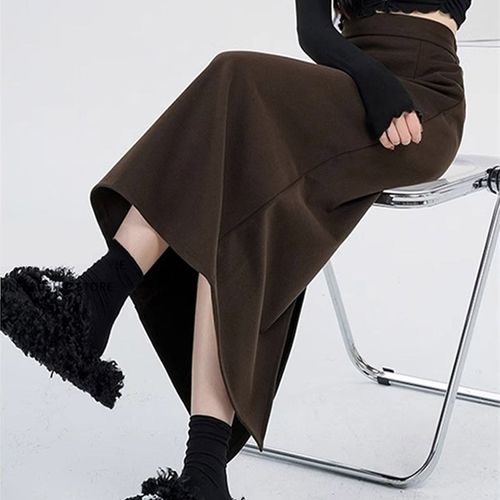 咖色毛呢包臀裙女秋冬新款a字美拉德半身裙梨型身材遮胯直筒长裙