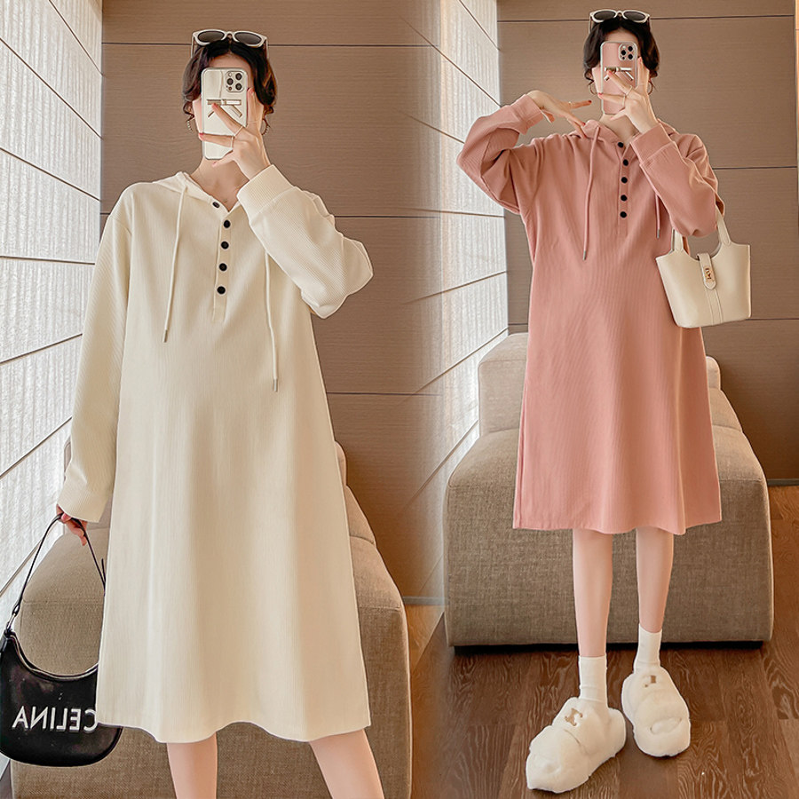 大码孕妇春装套装时尚连帽上衣2024春秋款200斤宽松中长款连衣裙