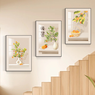 新中式复式楼梯装饰画暖居过道走廊挂画客厅沙发墙壁三联画寓意好
