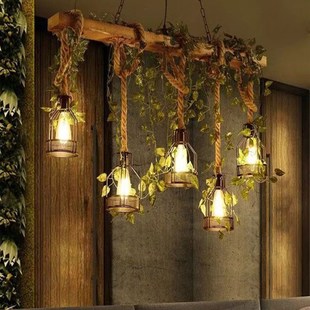 创意个性花店装饰绿植灯美式复古火锅店餐厅收银台工业风麻绳吊灯