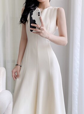 th三醋酸白色连衣裙女长裙无袖圆领短裙修身小白裙2024春夏中长裙