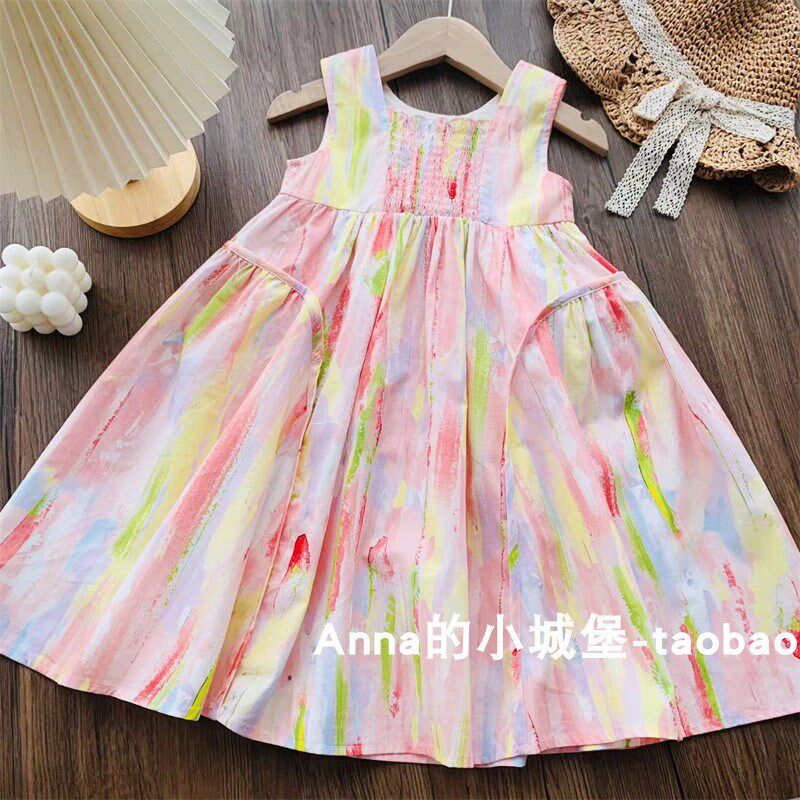 夏款女童彩色晕染碎花裙纯棉连衣裙儿童宝宝洋气背心裙甜美公主裙