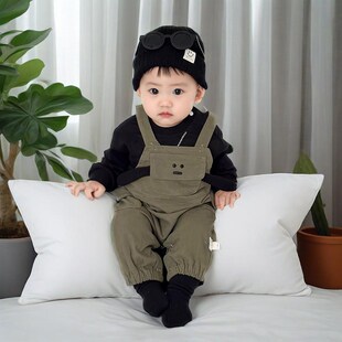 婴儿春装背带裤套装男宝宝春天衣服春秋款外出服小月龄男童外出服