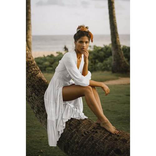 人棉拼蕾丝防晒扣子沙滩罩衫,排沙滩长裙