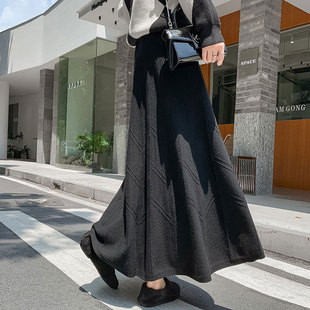 冬季裙子女针织高腰2022新款a字伞裙垂感半身长裙到脚踝大摆秋天