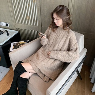 2023秋冬新款韩版麻花套头毛衣+半身短裙两件套宽松慵懒风套装女