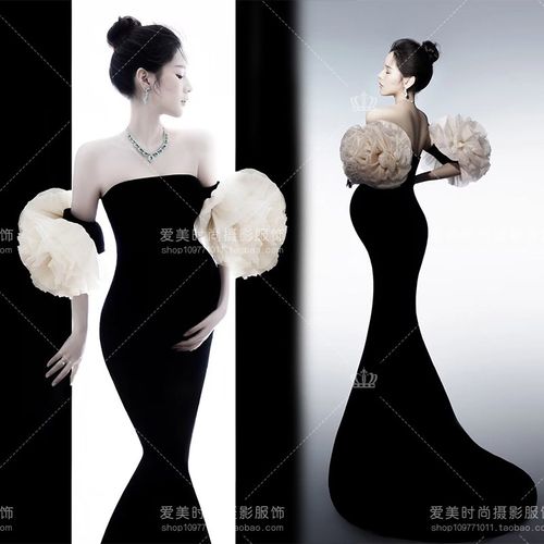 影楼孕妇照服装新款展会丝绒高定礼服孕妈咪黑色修身孕妇拍照服装