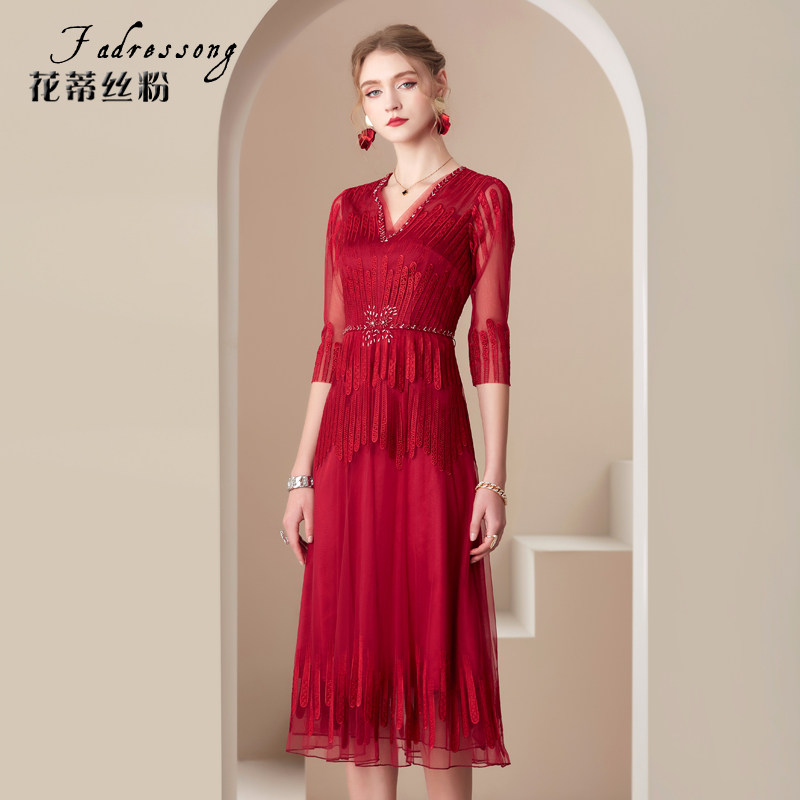 晚礼服裙女2022新款平时可穿宴会聚会伴娘V领时尚气质长款连衣裙