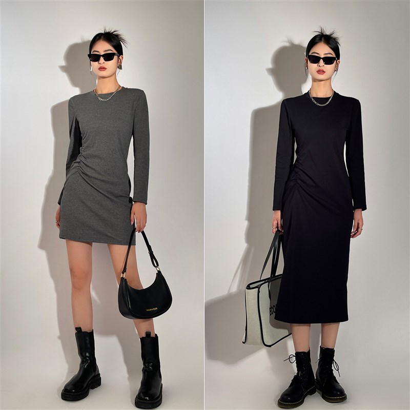 圣多墨法式黑色长袖t恤连衣裙气质高级感收腰显瘦内搭包臀短裙秋