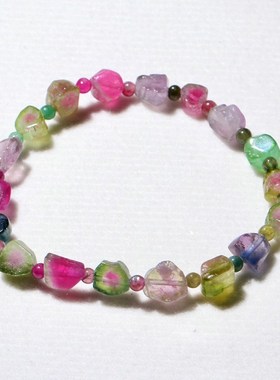 天然双色溏心冰透西瓜碧玺随形单圈手链串饰品礼物送女友一物一图