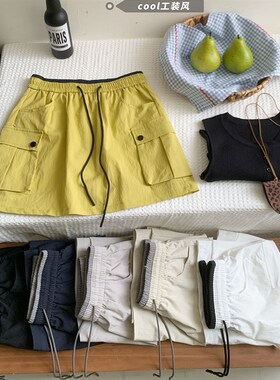 拼色腰超火吸睛黄色工装短裙女夏美式口袋显瘦运动休闲A字半身裙