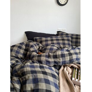 巴别那的浮木g/复古A类橄榄绿格三层纱布松软透气全棉床单四件套