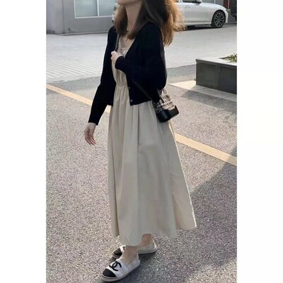 早春高级感时尚气质两件套装大码女装法式吊带连衣裙针织开衫外套