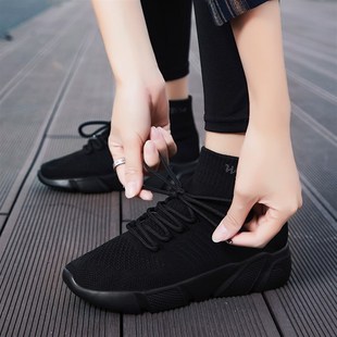 春秋新款高帮弹力袜子鞋女一脚蹬厚底防滑女鞋女士黑色休闲运动鞋