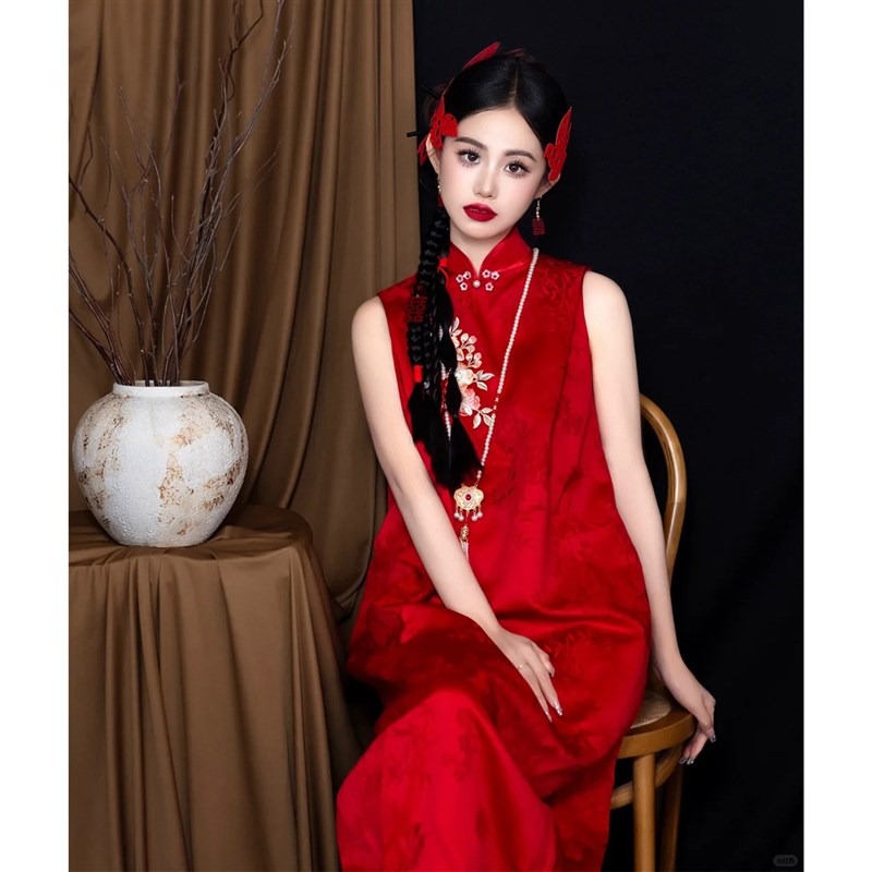 新中式旗袍新娘结婚晨袍酒红色国风敬酒服孕妇可穿喜嫁订婚礼服女图片