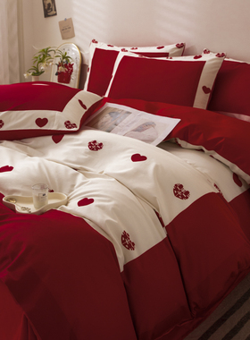100支红色婚庆四件组高档简约新婚床单被套结婚R陪嫁喜被床上用品