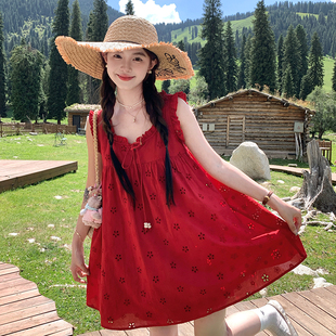 Acaine红色中长版镂空宽松吊带洋装网纱半裙女夏法式度假风裙子