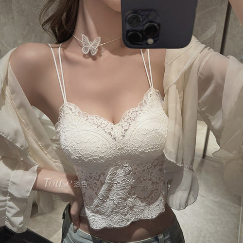 透色蕾丝内衣女小胸聚拢夏季薄款一体式文胸性感细肩吊带美背背心