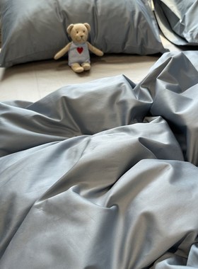 100支蓝色简约长绒棉双拼四件套全棉1.5m1.8米被套丝滑裸睡