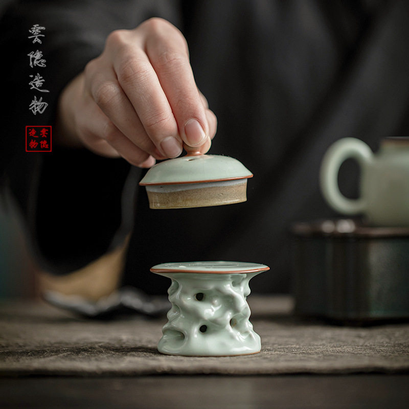 天青汝瓷盖置茶壶盖碗盖子配件汝窑陶瓷盖置壶盖托茶具垫茶道摆件