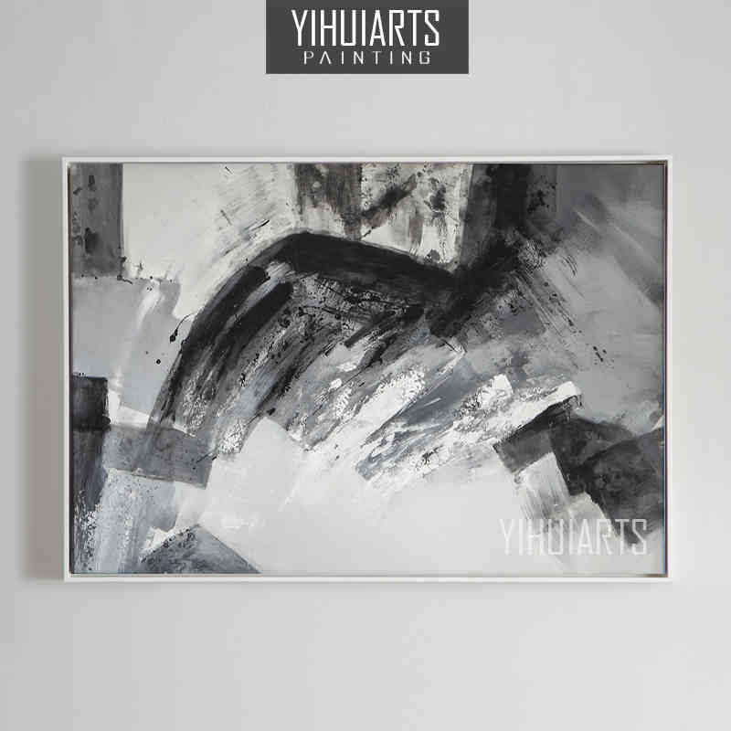 纯手绘抽象油画客厅装饰画现代中式卧室玄关黑白挂画