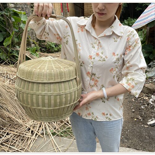 竹编制品 竹编大提篮 双层提篮 大容量野餐提篮 拜神篮子 菜篮