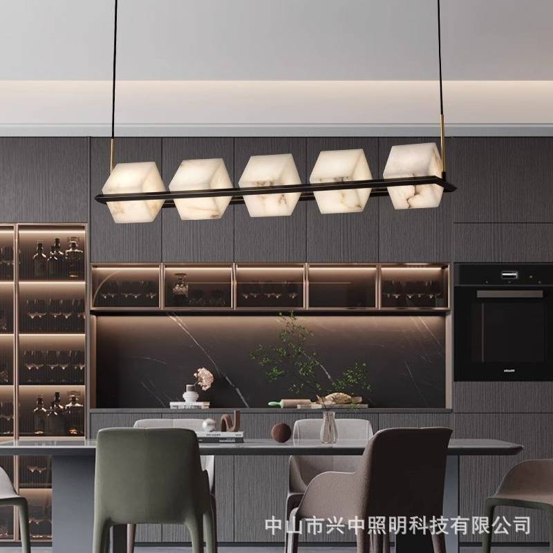 全铜餐厅云石吊灯设计师现代新中式简约长方形吧台茶桌书房茶室灯