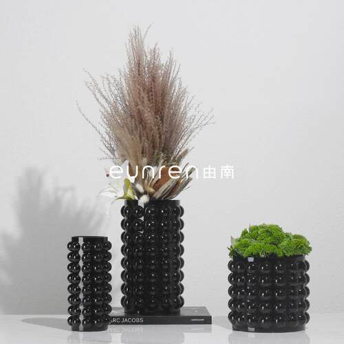 简约现代玻璃黑样色点花波器客厅桌面售软装插花瓶板房间楼PUX处