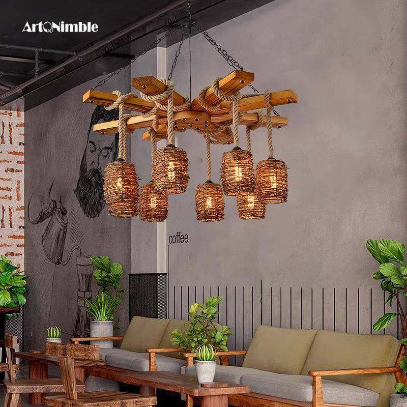 美艺式乡村复古馆528木艺吊灯民宿餐厅厢客厅饭茶室茶楼包木麻绳,家装灯饰光源,智能吊灯,淘宝优惠券,粉丝福利购,淘宝优惠卷