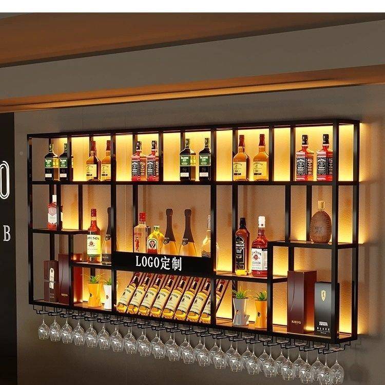 创架意铁艺酒吧酒架酒柜墙上置物挂灯带展示柜壁式酒01架商用一体