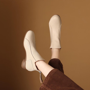 羊皮小短靴及踝靴裸靴短靴低跟圆头运动鞋超软超轻休闲女靴子1861