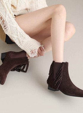 冬季短靴加绒全真皮女靴子欧美拉德风流苏个性小众靴切尔西靴1880