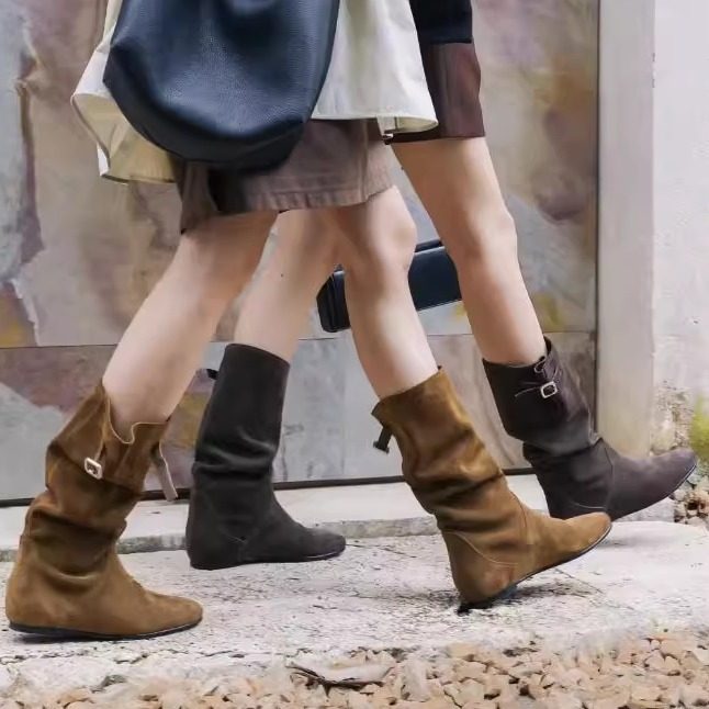 高档牛皮堆堆靴内增高骑士靴瘦瘦靴西部靴中筒靴弹力靴游牧风1987