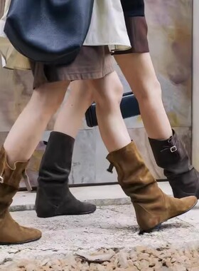 高档牛皮堆堆靴内增高骑士靴瘦瘦靴西部靴中筒靴弹力靴游牧风1987