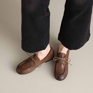 马皮深口女鞋英伦风系带小皮鞋女平底舒适黑色单鞋乐福鞋休闲2113