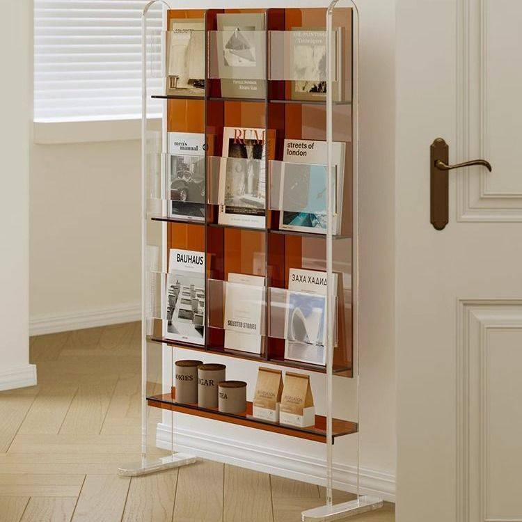 亚克力落地透明书架客厅置物架报刊收纳轻奢杂志架cd架黑胶唱片架