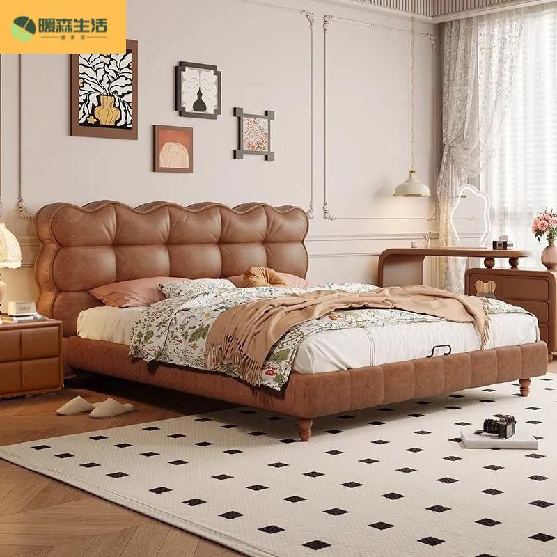 真皮主卧大床中古风卧室法式咖色皮艺软包双人复古小户型高端婚床