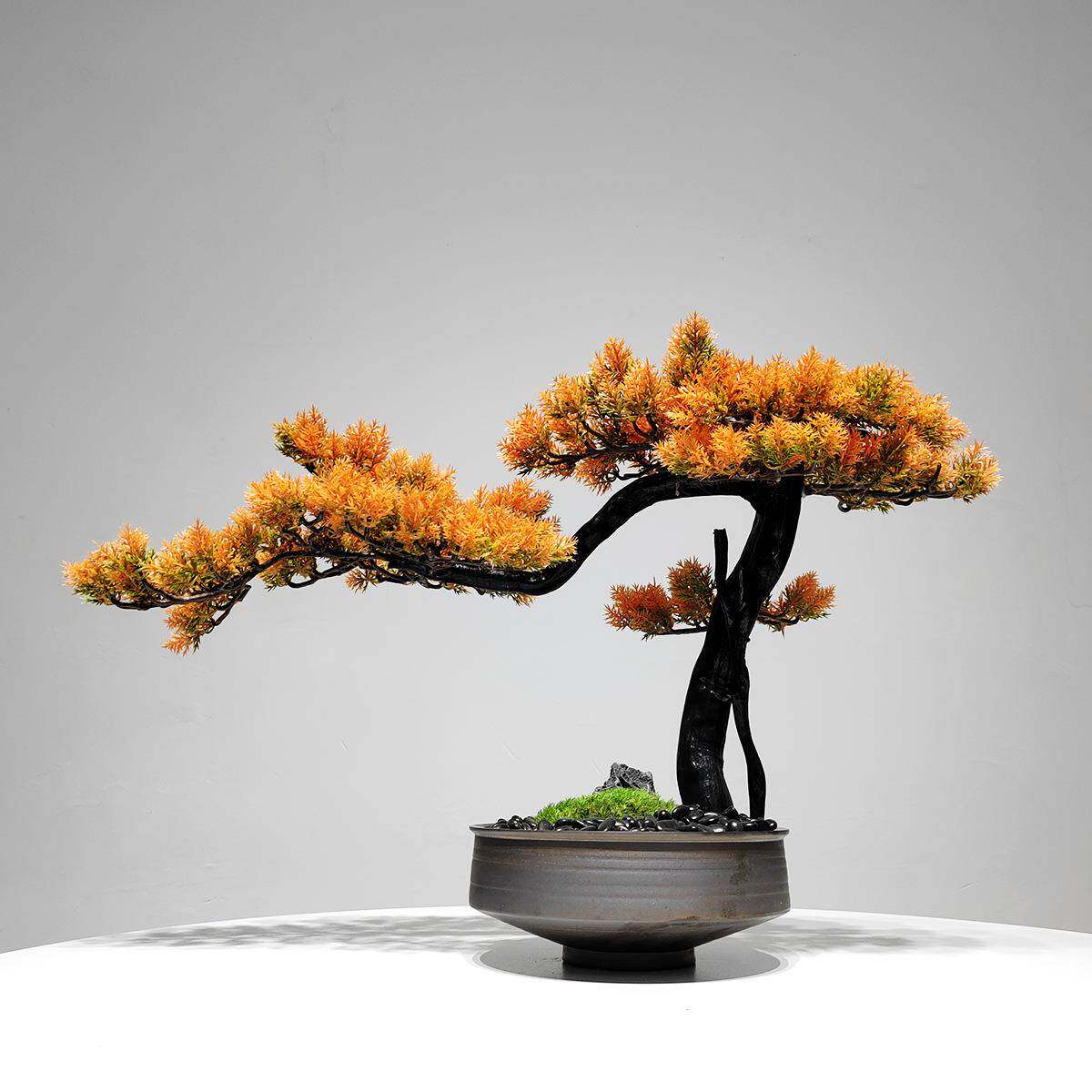 新中式客厅仿真植物盆景室内橙色迎客松绿植盆栽假树桌面装饰摆件