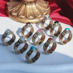 西藏饰品手工三色铜镶玛瑙水晶宝石戒指男女指环民族风复古个性
