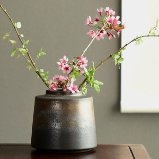 复古新中式 陶罐花瓶陶瓷摆件客厅剑山插花器长枝鲜花雪柳餐桌器皿