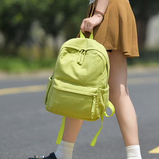 果绿色灯芯绒双肩包女大学生大容量轻便旅行背包通勤书包