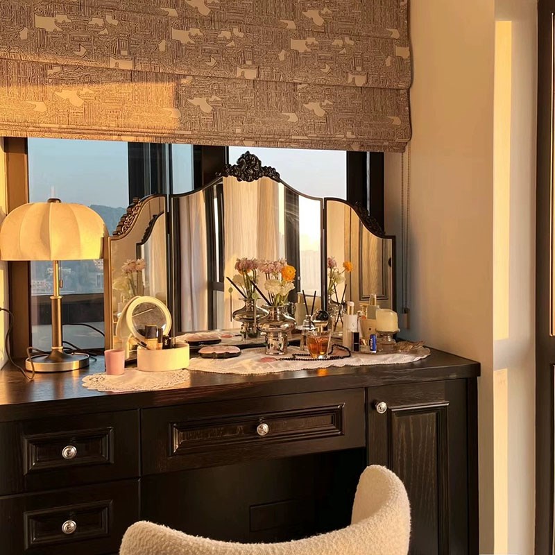 复古梳妆台镜f子法式桌面三折镜三面卧室欧式折叠化妆镜黑色可定