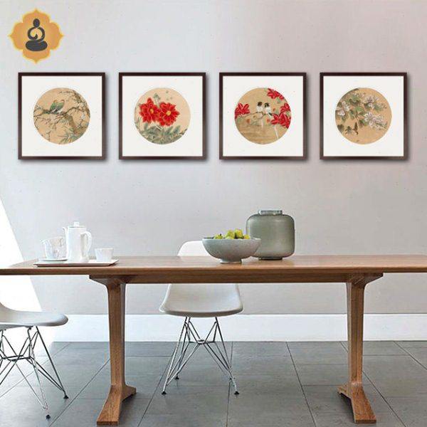 四联圆形工笔花鸟国画客厅书房办公室内现代中式装饰挂画实木画框
