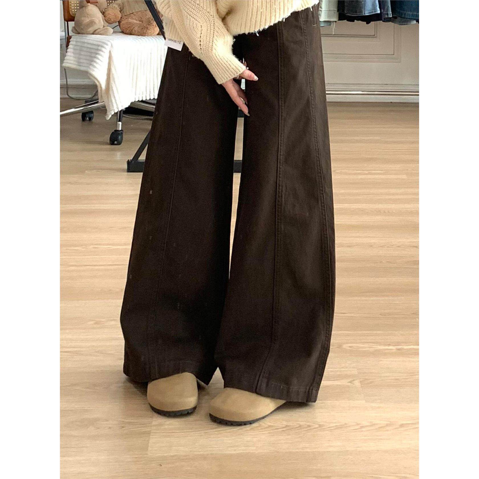 美拉德咖色覆古阔腿牛仔裤女款大码秋冬胖mm高腰显瘦梨型身材裤子