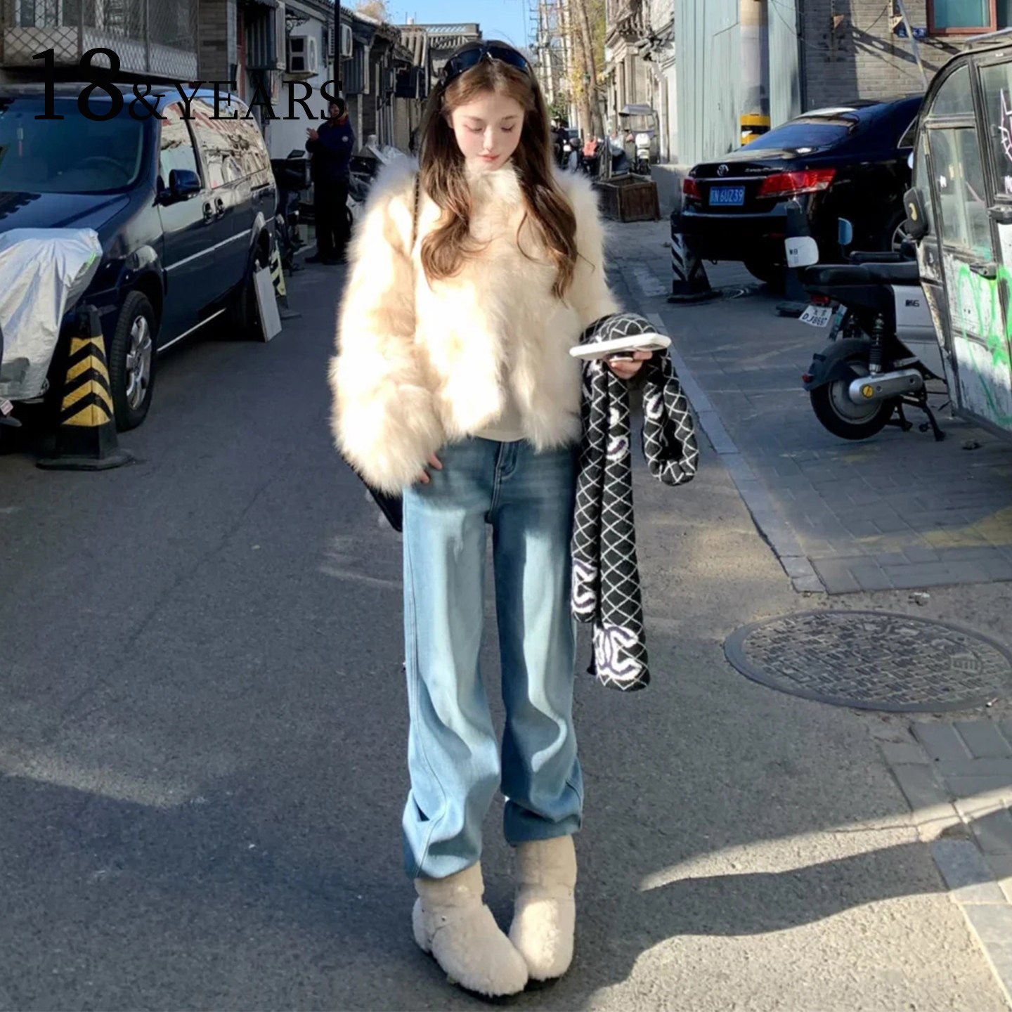 浅色窄版加绒加厚阔腿牛仔裤女2026秋冬新款高腰显瘦小个子直筒裤