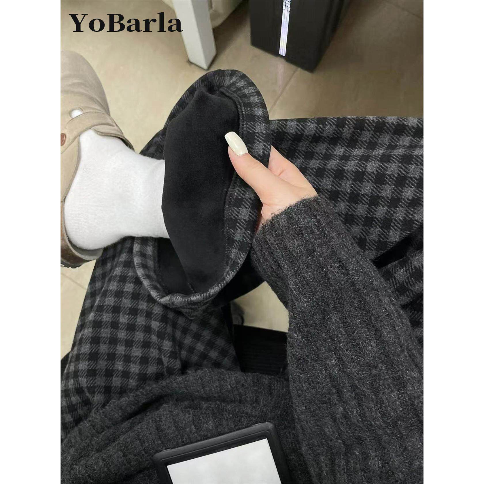 黑灰色格子休闲裤女秋冬加绒加厚大码胖mm宽松显瘦慵懒垂感阔腿裤